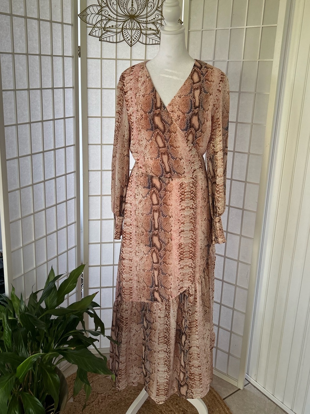 Bar III Tan / Pink Snakeskin Wrap Maxi Dress
